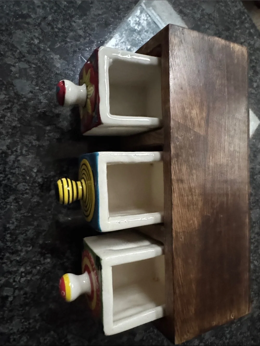 Handcrafted Wood Three-Drawer Jewelry Organizer with Colorful Ceramic Drawers